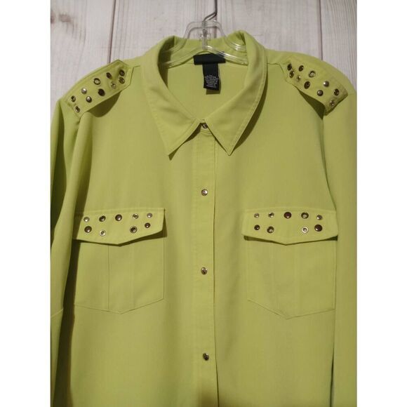 Maggie‎ Barnes Shirt Ladies 2x Green 3/4 Sleeve Snap Front Studded - Picture 3 of 6